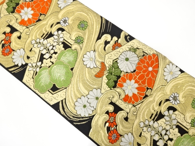 JAPANESE KIMONO / ANTIQUE FUKURO OBI / WOVEN KIKU & PAULOWNIA